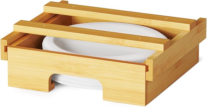 SpaceAid 8.5-inch Paper Plate Dispenser, Under Cabinet Bamboo Plates Holder, Kitchen Counter Vertical Dipensers Holders Countertop Caddy, Bamboo