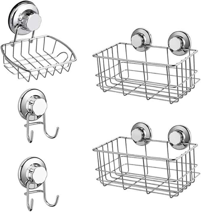 SANNO Vacuum Suction Cup Soap Dish Holder Double Suction Hooks Shower Caddy Large Basket Shelf,Bath Organizer Kitchen Storage Basket for Gel Holder Shampoo, Conditioner