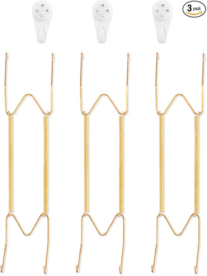 3 Pack Plate Hangers for The Wall, Suitable for 12-16 inch Art Plate, Stainless Steel Invisible Heavy Duty Wire Plate Holder with Wall Hooks, Plate Hangers for Displaying Plates, Platter, Dish, Gold