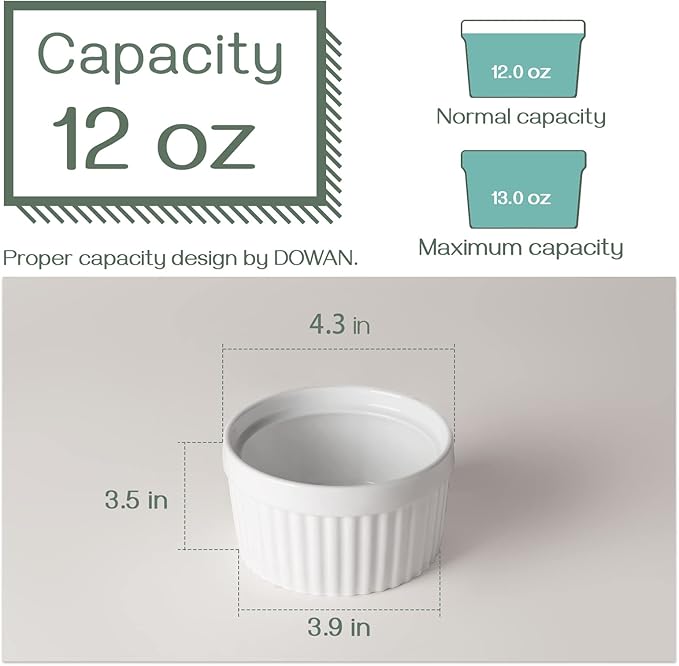 DOWAN Ramekins 12 oz Oven Safe, Creme Brulee Ramekin Souffle Dishes for Baking, Porcelain Samll Bowls for French Onion Soup, Dessert Custard Cups Sauce Dish, Set of 6, Soft White
