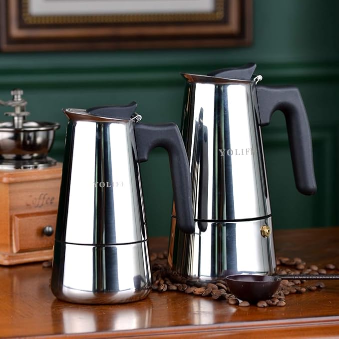 YOLIFE Stovetop Espresso Maker, Small Italian Moka Pot, Cafe Maker for Coffee, Cappuccino and Latte, Stainless Steel, 450 ml / 16 oz/ 9 Espresso Cups (per cup= 50 ml)