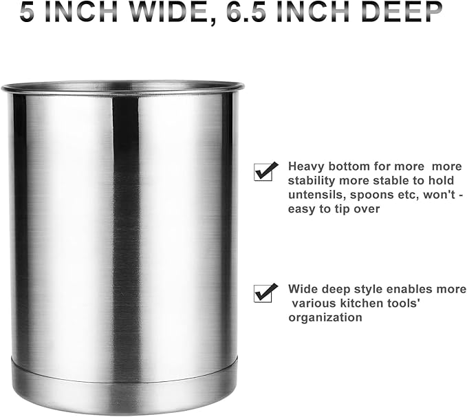KSENDALO 2 Pack Utensil Crock, 6.6inch Cooking Utensil Holder Stainless Steel Container for Kitchen Counter,Metal Kitchen Spoon Spatula Cutlery Tool Holder Organizer, Silver (2 Pack)