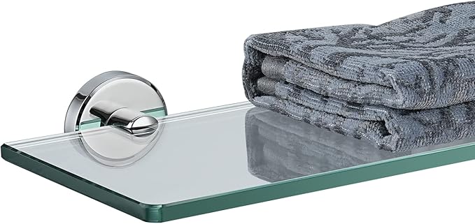 JQK Bathroom Glass Shelf Chrome, Tempered Glass Shower Storage 16 by 5 inches, 304 Stainless Steel Polished Chrome Wall Mount, TGS101-CH