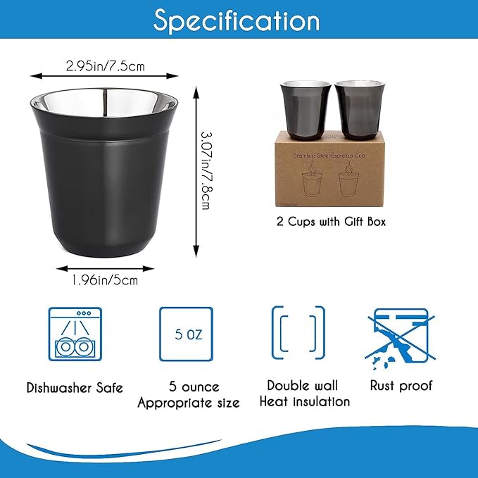 Easyworkz Stainless Steel Espresso Cup 2pcs Set Double Wall 5 oz, Bundled Espresso Steaming Pitcher Stainless Steel 15 oz Coffee Frothing Picther Milk Jug Cappuccino Latte Art Cup