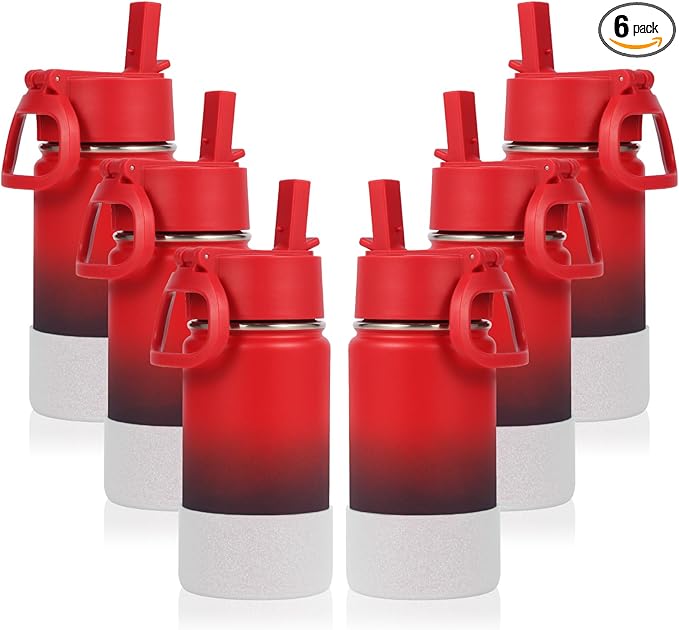 Volhoply 14oz KIds Water Bottle with Straw Lid and Silicone Boot Bulk 6 Pack,Stainless Steel Insulated Bottles for Boys & Girls Multipack, Double Wall Vacuum Leakproof Bottles(Red Purple,6)