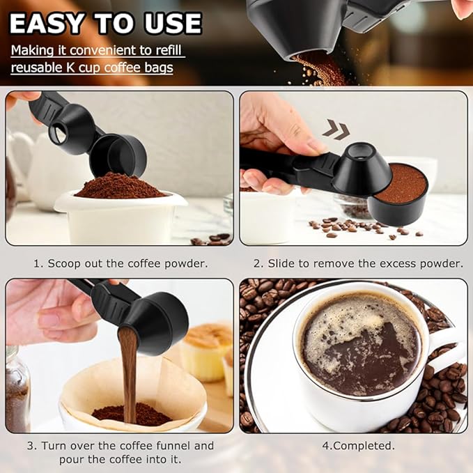 Coffee Scoop & Funnel for Reusable K Cups Refillable Coffee Pods Coffees Measuring Spoon Easy Slide Scoop with Funnel for Ground Coffees, Protein Powder, Tea(COLOR:black)