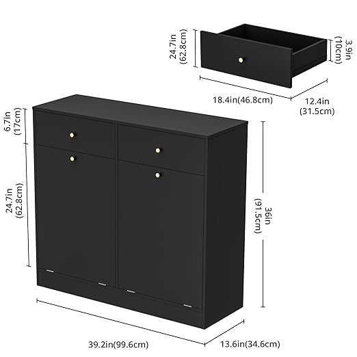 Housoul Double Tilt Out Trash Can Cabinet, Trash Storage Cabinet with 2 Drawers, Hidden Garbage Bin, Free Standing Laundry Sorter Organizer for Kitchen Dining Living Room, Bathroom, Black
