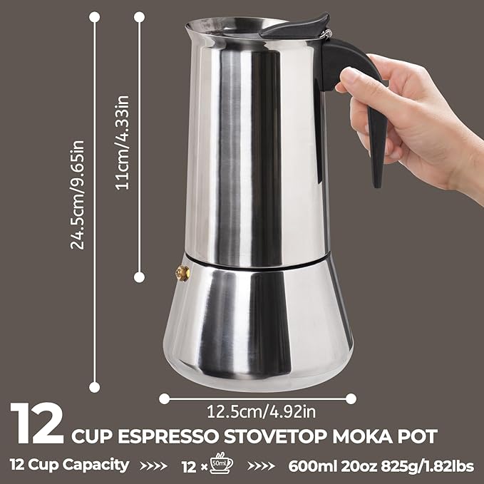 12 Cup 600ml Moka Pot Stainless Steel Espresso Coffee Maker Stovetop Coffeemaker Italian Classic Style Brewing Greca Cafe Mocha Machine for Cafeteras Lover Camping Travel and Home Use 20oz
