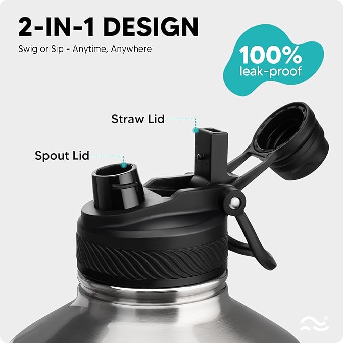 Swigina [2-IN-1 LID] Gallon Insulated Water Bottle with Silicone Boot (48hrs Cold/24hrs Hot) - DIY Stickers, Leakproof, BPA Free, 128 oz