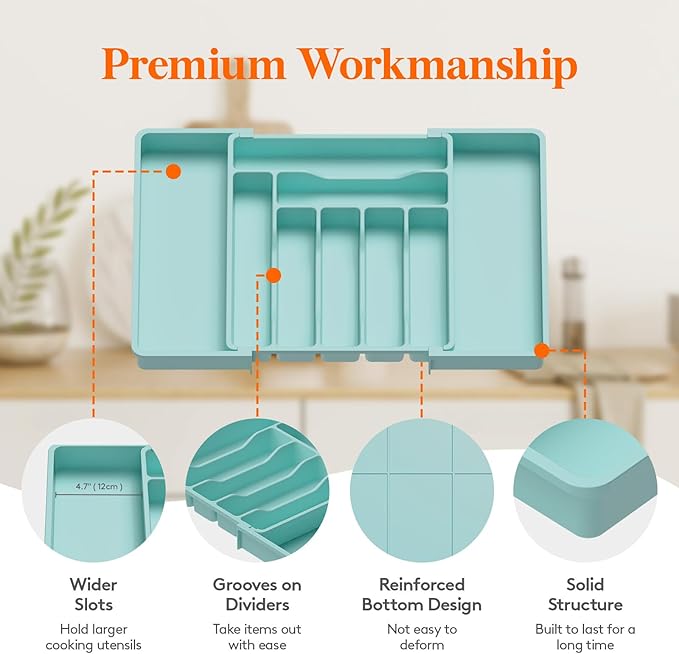 Lifewit Utensil Organizer for Kitchen Drawer, Expandable Cooking Silverware Tray, Adjustable Cutlery Flatware Holder, Plastic Spatula Tools Storage Divider, 13-22.4 x 15", Turquoise