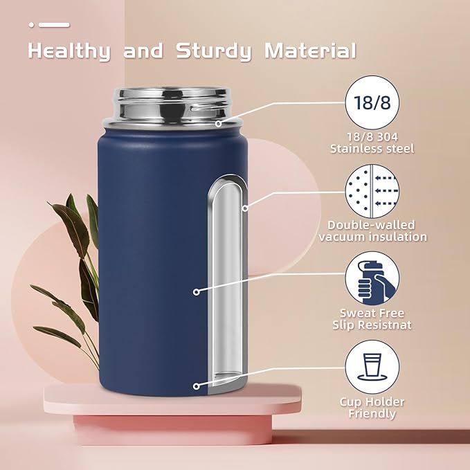 Volhoply 14oz KIds Water Bottle with Straw Lid and Silicone Boot Bulk 2 Pack,Stainless Steel Insulated Cups for Boys & Girls Multipack,Double Wall Vacuum Leakproof Bottles(Navy,2)