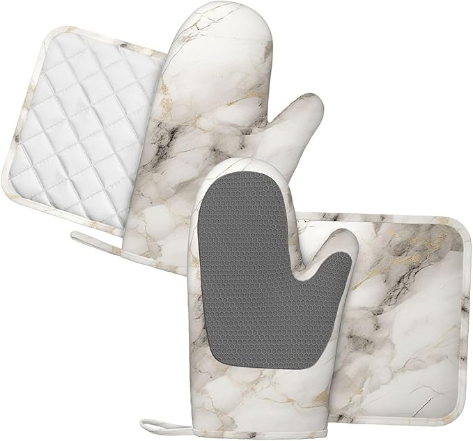Oven Mitts and Pot Holders Set, Marble Pattern Gray White Silicone Kitchen Accessories 4 Piece Heat Resistant Long Gloves Potholder Non-Slip Grip for Chef Cooking Baking Grilling BBQ