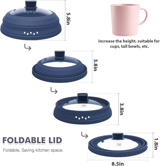 2 Pack Microwave Splatter Cover Glass Guard Lid with Collapsible Silicone for Food Pot Plate 8.5 inch and 9.8 inch Dark Blue, Tall Lid and Standard Size Lid
