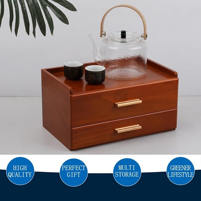 Tea Organizers and Storage Box with Drawer Tea Station organizer for Countertop with 8 Compartments Pine Wood Tea Bag Organizer with Drawer Teabag Holder with 4 Cotton Woven Coasters（Brown02）