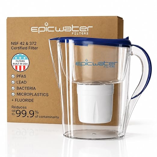 Epic Water Filters Pure Filter Pitchers for Drinking Water, 10 Cup 150 Gallon Filter, Tritan BPA Free, Reduces Fluoride, Chlorine, Lead, Forever Chemicals (Navy Blue XP)