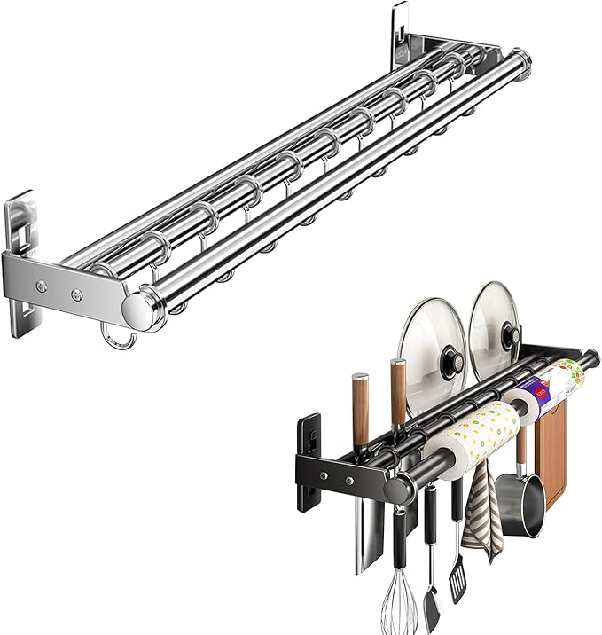 Hanging Wall Mount knife Wall Mount, Kitchen Organizer Storage Shelf for Utensils Spatula Spoon, Space-Saving Knife Rack with Hooks,Wall-Mounted Utensil Holder (Black, 40CM+Three Poles+6Hooks)