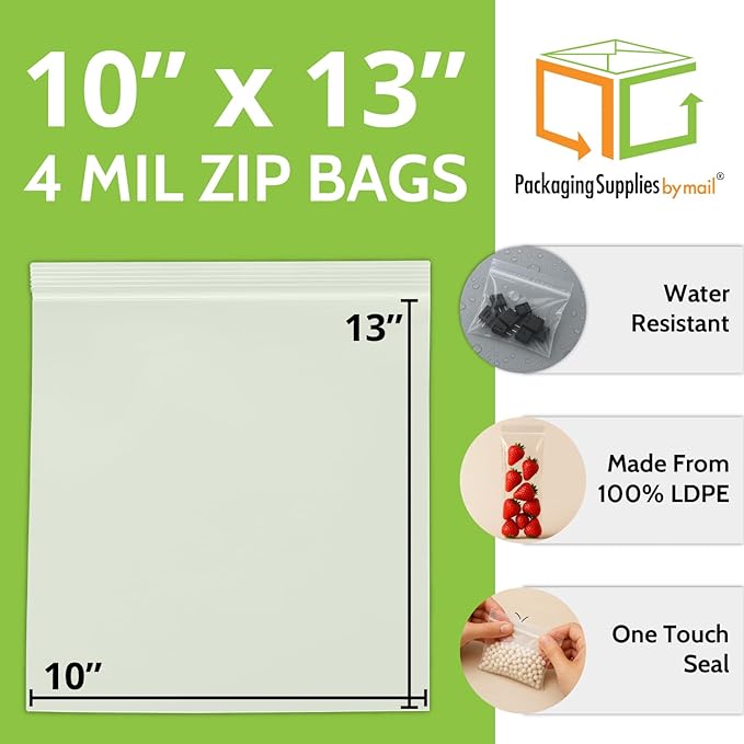 PSBM 1000 Count 4 Mil 10 Inch x 13 Inch, White Block Reclosable Poly Bags, With Write-On Block, Clear Zip Plastic Bag, Lock Seal Zipper For Packing, Storing, Organizing & Shipping Products