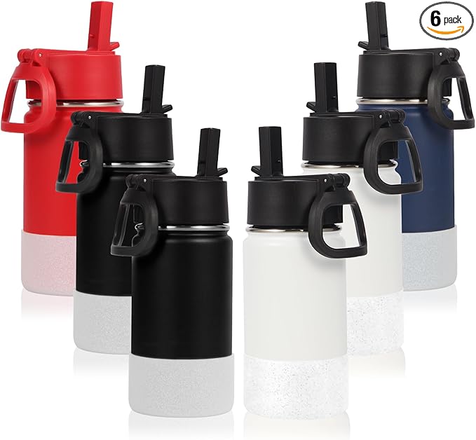 Volhoply 14oz KIds Water Bottle with Straw Lid and Silicone Boot Bulk 6 Pack,Stainless Steel Insulated Cups for Boys & Girls Multipack,Double Wall Vacuum Leakproof Bottles(Mix,6)