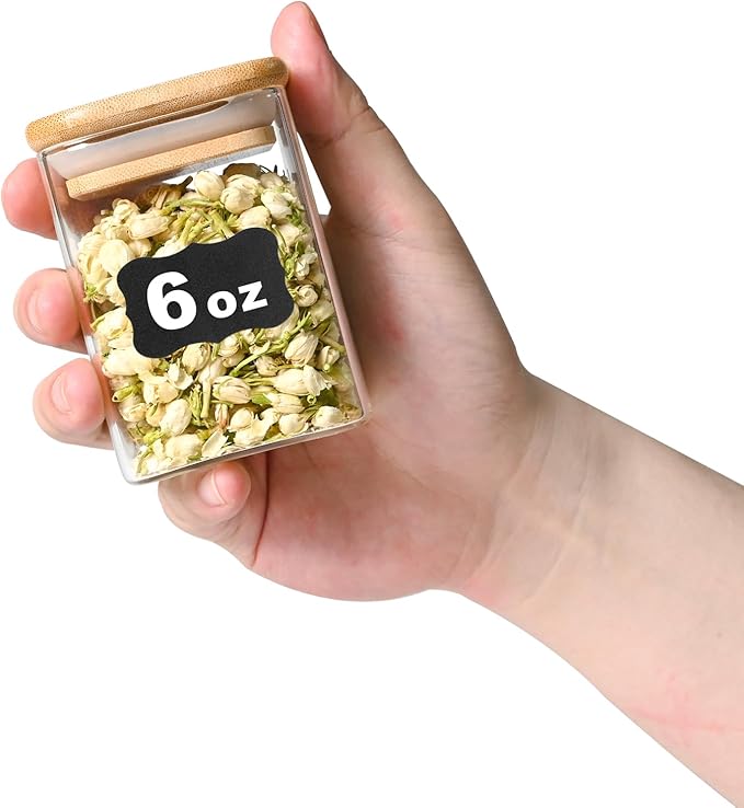 SHOWIN Glass Food Storage Jars Square 6oz, 16 Pack Glass Jars With Bamboo Lids, Kitchen Storage Containers For Spice, Candy, Cookie, Storage For Pantry Organizers