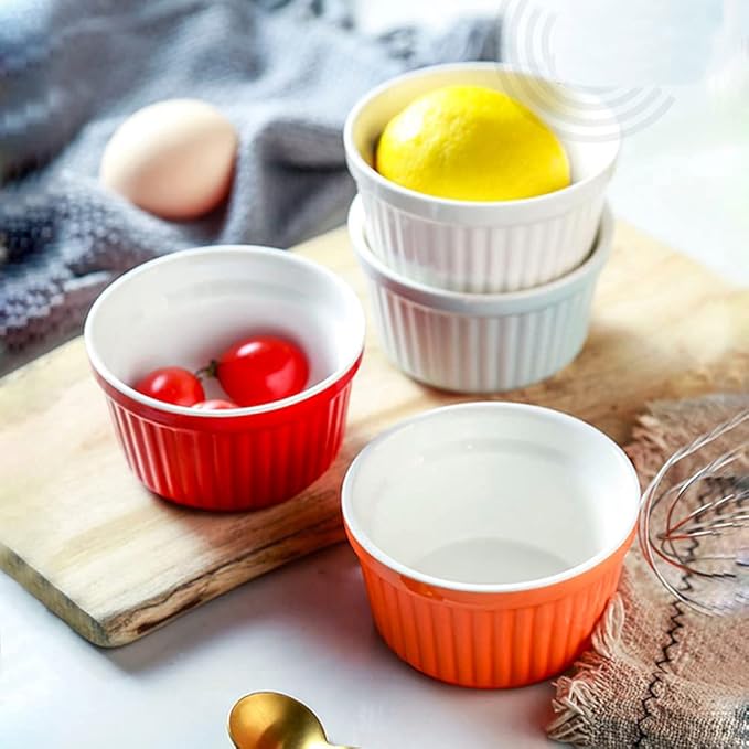 Ramekins 6oz Oven Safe,Creme Brulee Ramekin and Souffle Dishes,Porcelain Baking Bowls,Dipping Sauce Dish.Pudding Cups,Set of 6,Pink