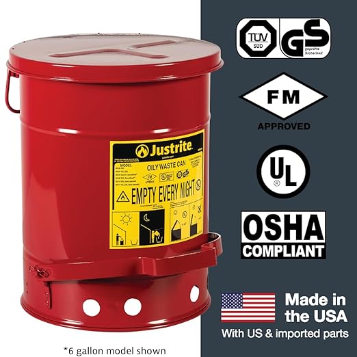Justrite 14 Gallon Galvanized Steel Oily Waste Can, 20" x 16" Metal Oil Rag Safety Can with Quiet Foot Operated Self-Closing Lid for Oil Rag Disposal, Made in The USA, Red, 09508