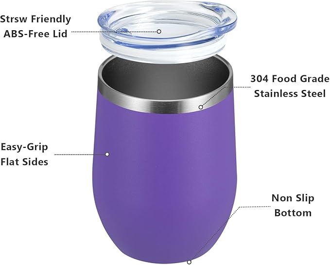MEWAY Stemless 12oz Wine Tumbler Glasses with Lid -Insulated Double Wall Vacuum Stainless Steel Travel Tumbler with Straw,for Woman Under 10 dollars (Purple,1)