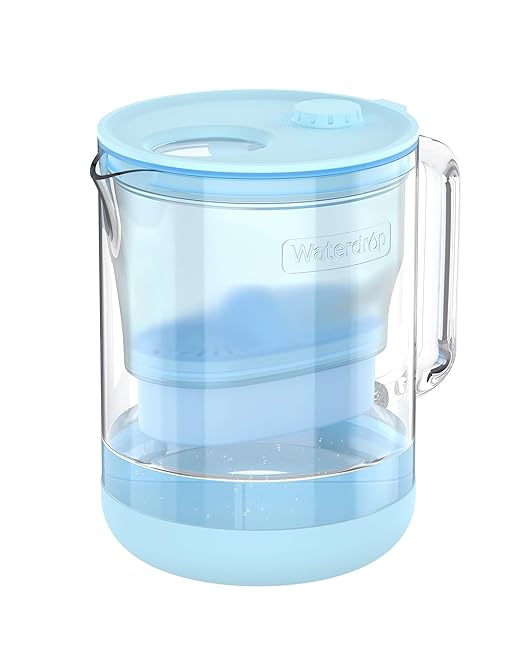 Waterdrop PT-72B-A Glass Alkaline Water Filter Pitcher, 7-Cup, Eco-Friendly, Enhances Alkaline Water, for Home & Office, Reduces PFOA/PFOS, Chlorine, Cadmium, Copper & Mercury, Blue