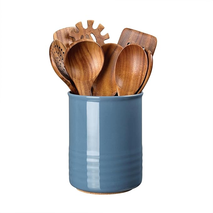 Utensil Holder, 6.7" Ceramic Kitchen Utensil Crock for Countertop Cooking, Modern Utensil Caddy Jar Organizer for Farmhouse Kitchen Counter Décor, Blue