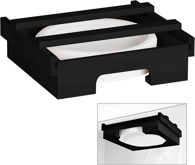 Paper Plate Dispenser,10-inch Bamboo Paper Plate Dispenser Under Cabinet, Kitchen Counter Vertical Paper Plate Holder Organizer Countertop Caddy Black