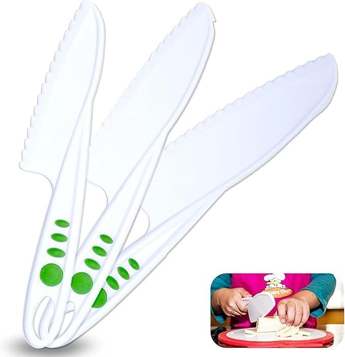 Curious Chef Kid Safe Kitchen Knife Set - 3-Piece Nylon Knives for Kids, White & Green, Ages 4+ - Non-Scratch Tools for Nonstick Pans & Kitchen Tool Set