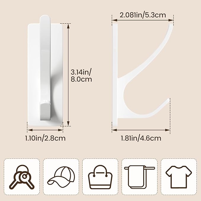 pickpiff White Self Adhesive Coat Hooks for Hanging: 13LB Extra Strong Stainless Wall Hook for Towel, Utensil, Backpack, Hat, Sturdy Metal Hanger for Bathroom, Kitchen, Door, 10 Pack