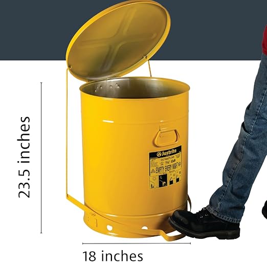 Justrite 21 Gallon Galvanized Steel Oily Waste Can, 23.5" x 18" Metal Oil Rag Safety Can with Foot Operated Self-Closing Lid for Oil Rag Disposal, Made in The USA, Yellow, 09701