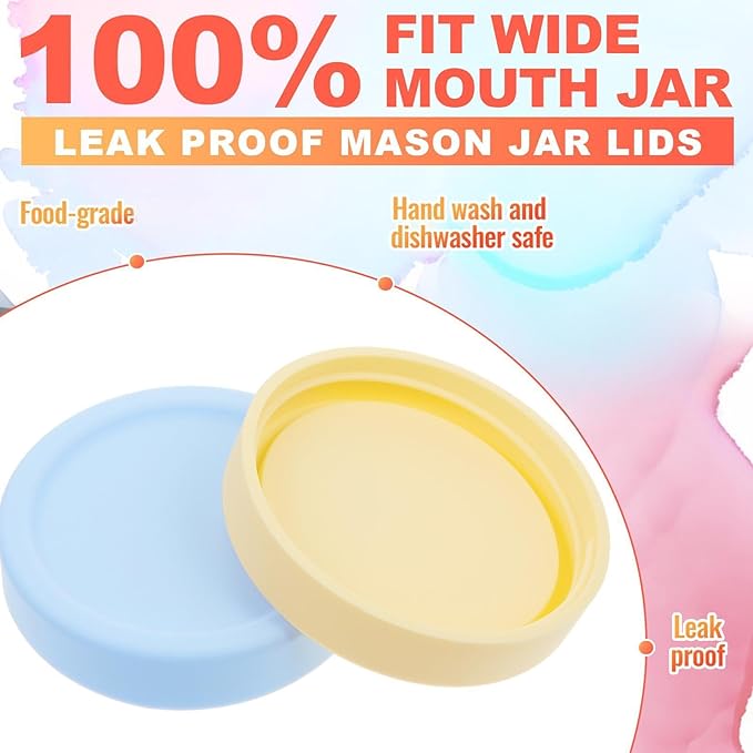 Teenyyou 6 Pcs Silicone Wide Mouth Lids Mason Jar Lids Thickened Leak Proof Lid for 86 mm All Wide Mouth Mason Jars, Reusable Large Canning Jar Caps(Macaron)