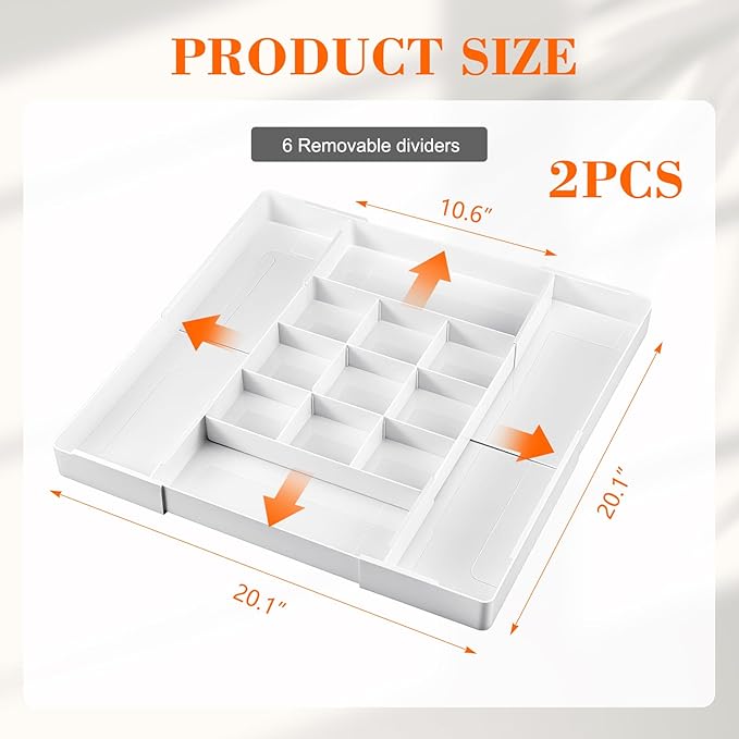 Briwooody 2 Pcs Large Expandable Acrylic Drawer Organizers, Grid Adjustable Drawer, Dividers Organizer for Desk, Makeup, Jewelry, Office, Kitchen Supplies (White,13 Compartments)