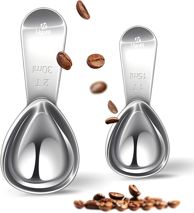 Ugotit Coffee Scoop for Ground Coffee, 1 Tablespoon & 2 Tablespoon Measuring Scoop Set, Heavy-Duty Short Handle 304 Stainless Steel, Fits Airscape Coffee Canister, Espresso & Protein Powder Container