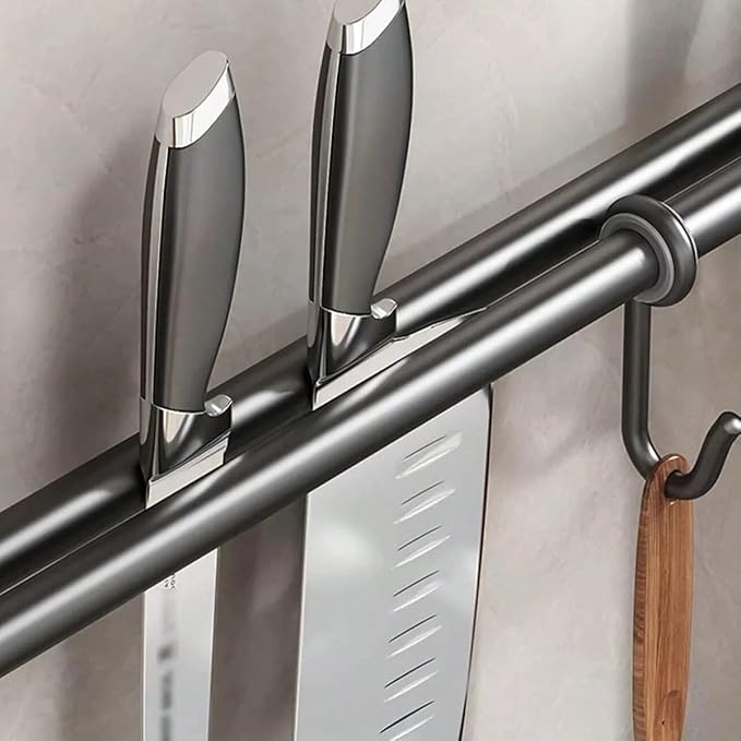 Modern Kitchen Utensil Rack, Black Wall-Mounted Hanging Rod with 6 Movable Hooks, 15.75 Inch Metal Storage Organizer