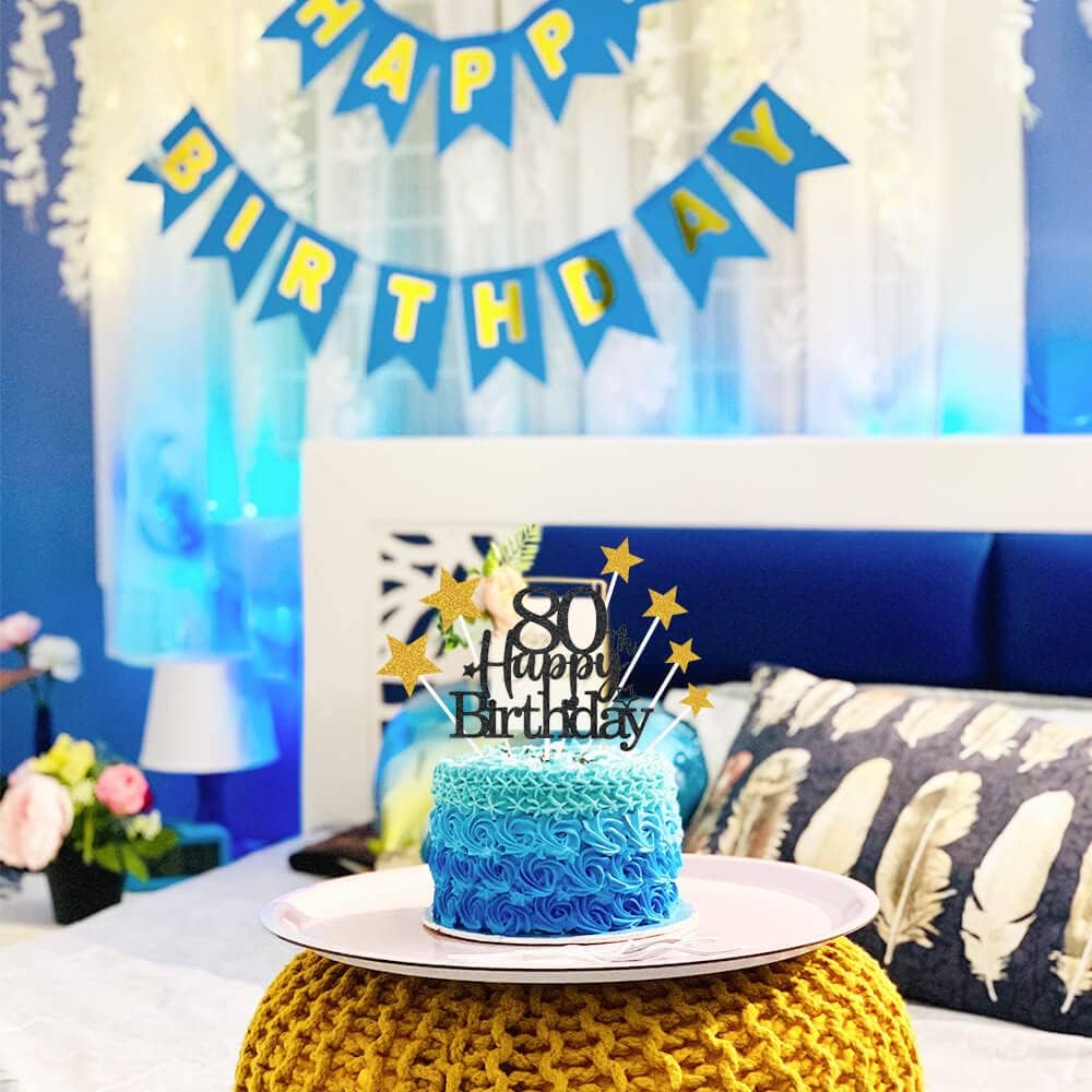 Glittery 80th Happy Birthday Cake Topper with Star,Personalised 80 Birthday Cake Toppers Party Decorations Party Supplies for Men Women Black Gold