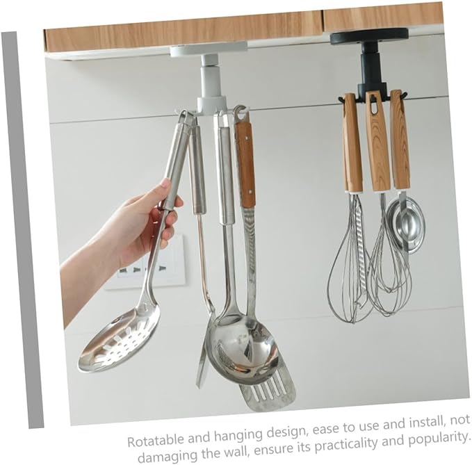 Zerodeko Rotatable Kitchen Utensil Hooks 3pcs Set Black Multi-Functional Wall Hanger Adhesive Under Cabinet Storage Organizer for Kitchen Tools and Measuring Spoons
