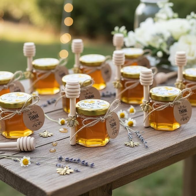Adabocute 20 Pack Mini Honey Jars with Dipper - Mini Honey Jars for Baby Showers & Wedding Gifts - Gold Lids, Bee Pendants, Jutes and Gift Bags