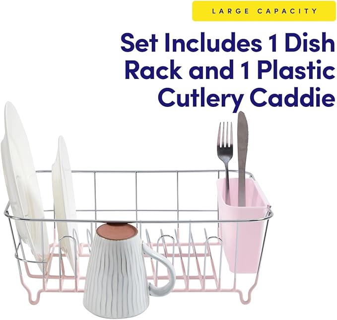Dish Drying Rack & Cutlery Holder 2 Piece Set - Compact Sink-Fitting Dish Drainer with Rubberized Undercoating, Space-Saving Kitchen Organizer for Plates, Cups, Bowls & Utensils in Sink, Pale Pink