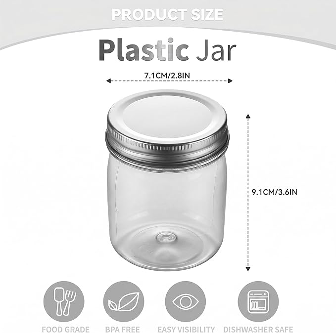 novelinks 8 oz Clear Plastic Jars with Airtight Lids, 48 Pack Plastic Mason Jars with Lids 8oz, Refillable Storage Slime Containers & Small Spice Jar for Kitchen Organization (48 Pack,Silver)