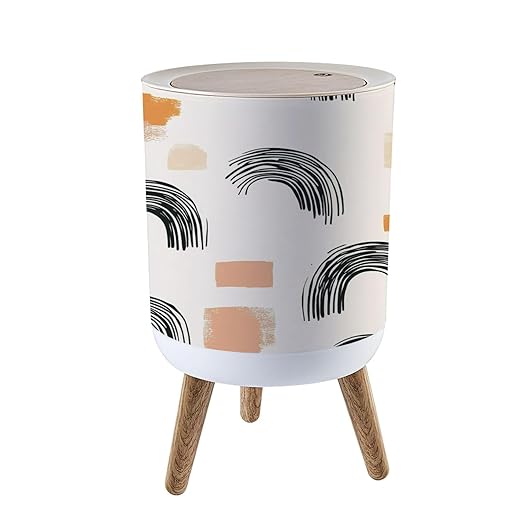 Trash Can with Lid Aesthetic Contemporary seamless pattern abstract Minimal elegant line Press Top Round Small Garbage Bin with Wooden Legs Waste Basket for Kitchen Bedroom Nursery 7L/1.8 Gallon