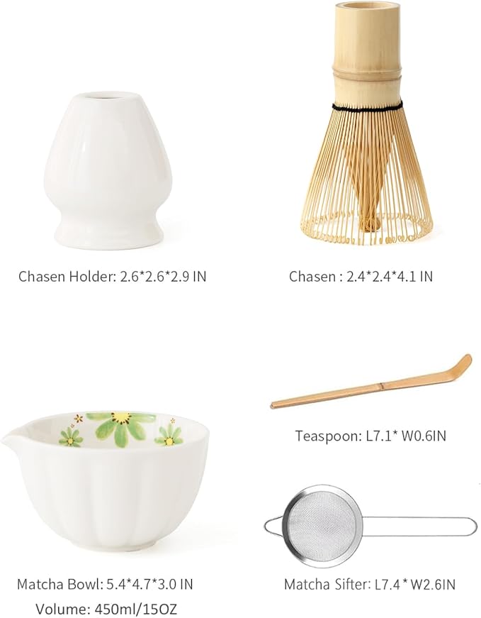 TANG PIN Premium Matcha Set - Traditional Japanese Matcha Making Kit with Spout Bowl (Chawan), Bamboo Whisk (Chasen) & Holder Stand - Complete Matcha Maker Starter Tools for Matcha Tea & Latt (Daisy)