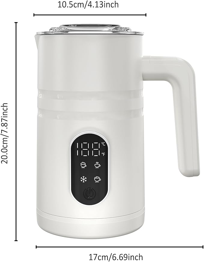 4 in 1 Electric Milk Frother Automatic Hot & Cold Foam Maker Auto Shut-Off Durable Stainless Steel Milk Frother Silent Working Easy to Clean for Hot Chocolate (White-With Digital Display)