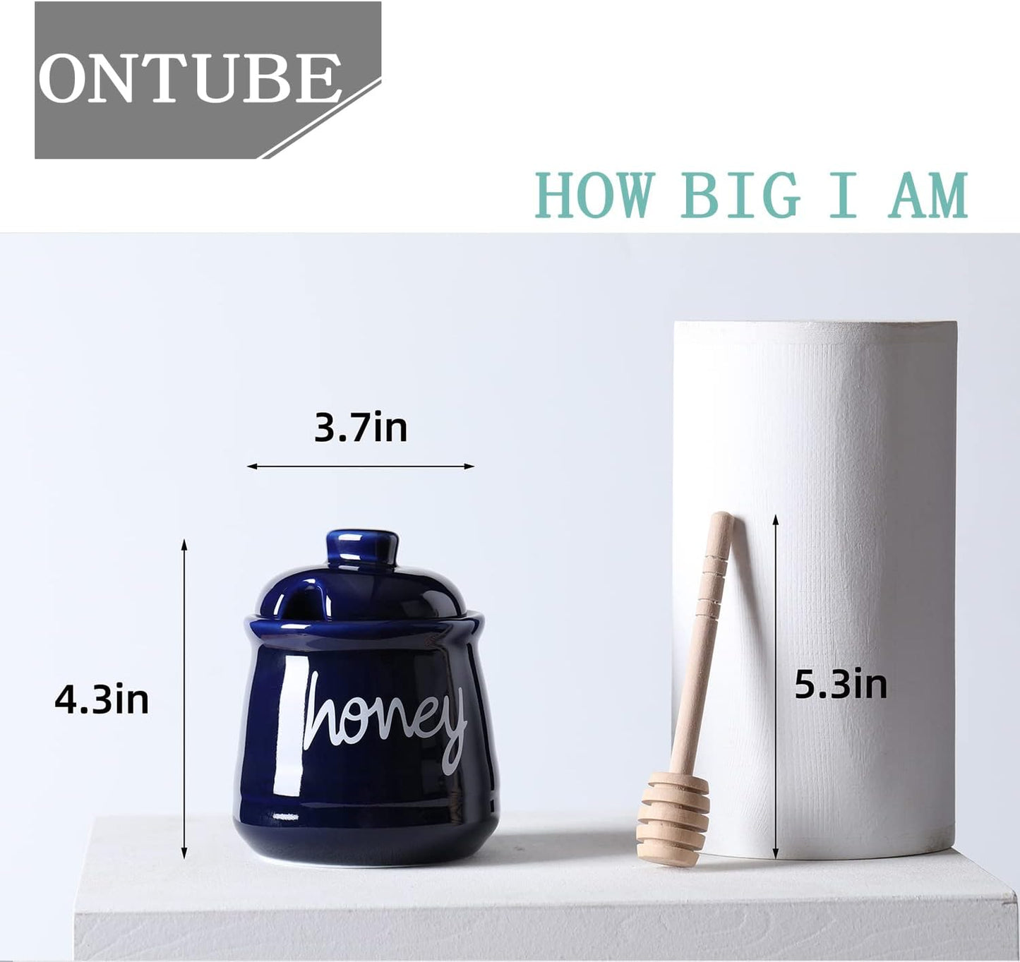 Honey Jar with Dipper and Lid, Ceramic Honey Pot 12oz (Navy)