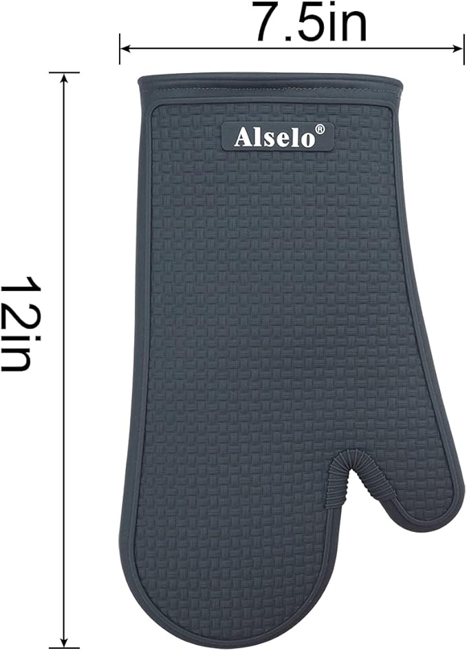 Alselo Oven Mitts Heat Resistant Silicone Kitchen Gloves for 550 Degrees with Waterproof and Non-Silp, Set of 2 Oven Gloves for Baking Cooking Barbecue Microwave Machine Washable (Grey, 2)