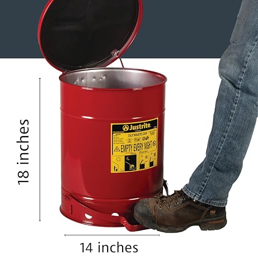 Justrite 10 Gallon Galvanized Steel Oily Waste Can, 18" x 14" Metal Oil Rag Safety Can with Quiet Foot Operated Self-Closing Lid for Oil Rag Disposal, Made in The USA, Red, 09308