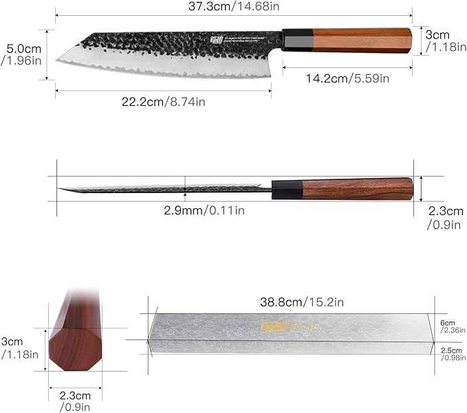 FINDKING Japanese Kiritsuke Knife, 9 Inch Gyuto Chef Knife, Kitchen Knife with High Carbon Steel Blade, Octagonal Handle, for Meat, Fish, Vegetables and Fruits, Dynasty Series