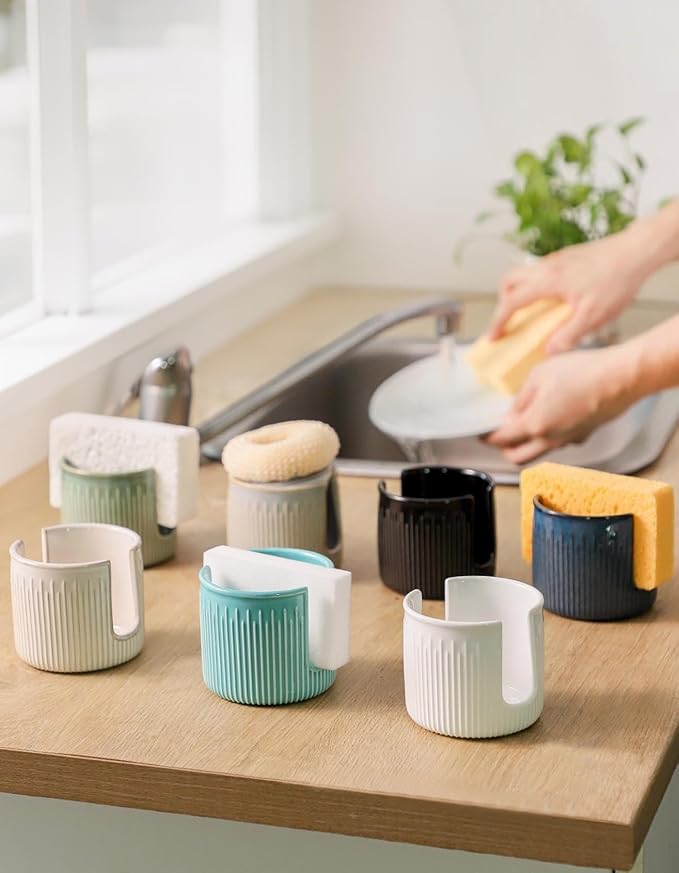 Ceramic Sponge Holder for Kitchen Sink, Scrub Sponge Dish Rack, Farmhouse Compact Sink Caddy Organizer, Classic White