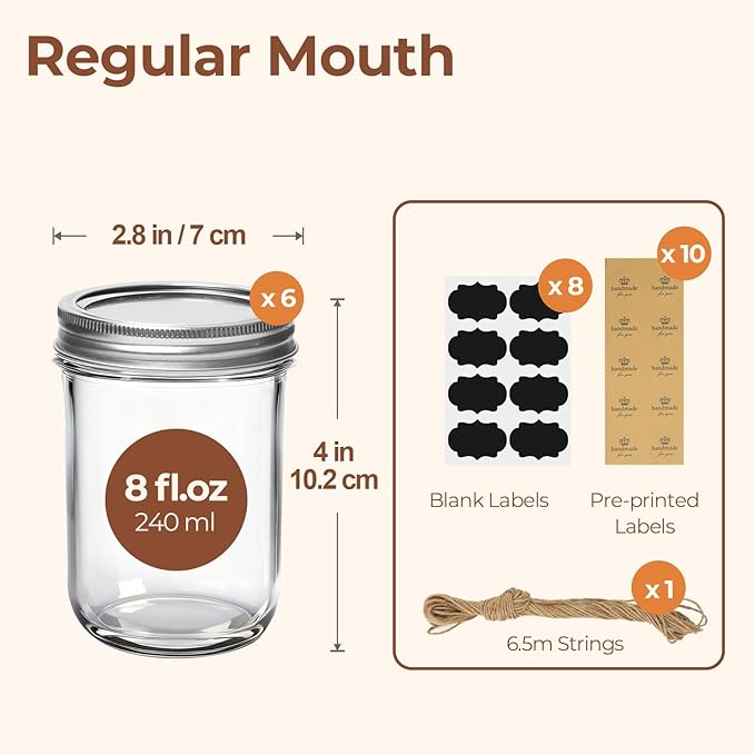 ComSaf Small Mason Jars 8 oz 6Pcs, Half Pint Regular Mouth Mason Jar with Lids and Seal Bands, Glass Canning Jars for Jam, Jelly, Spice, Meal Prep, Honey, Shower Wedding Favors, DIY Candles Decor